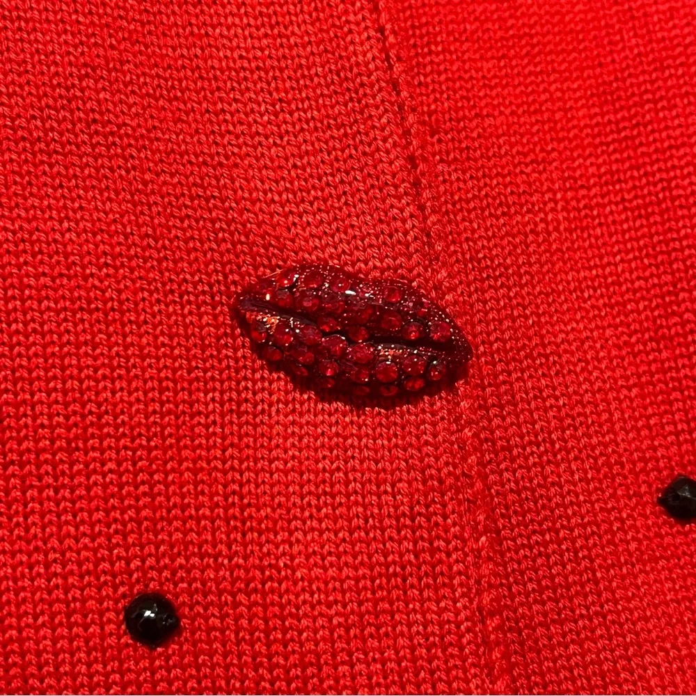 Vintage Y2K 90s red marabou feather trim cardigan with bling buttons